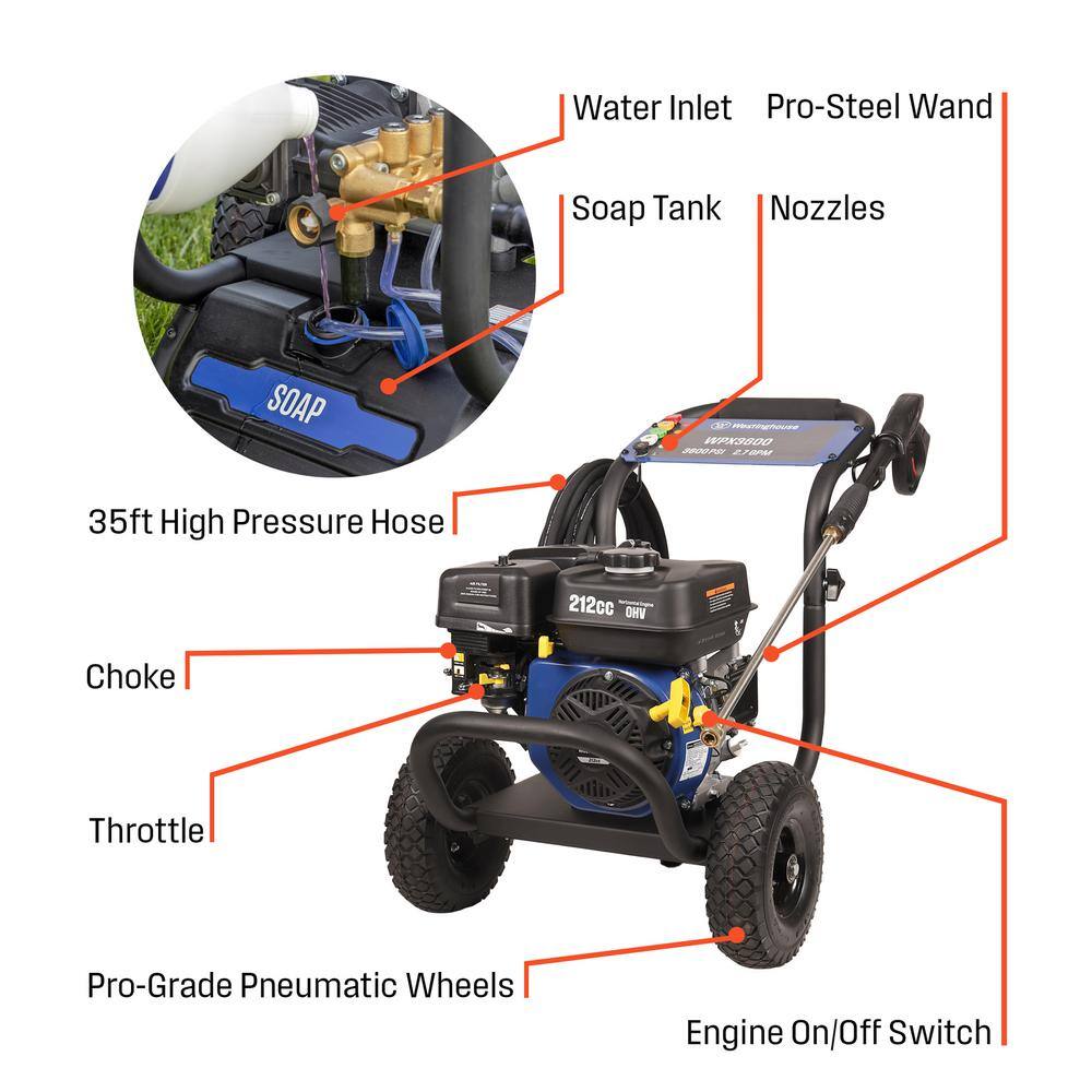 Westinghouse WPX 3600 PSI 2.7 GPM 212 CC Cold Water Gas Powered Triplex Pump Pressure Washer with 5 Quick Connect Nozzles WPX3600