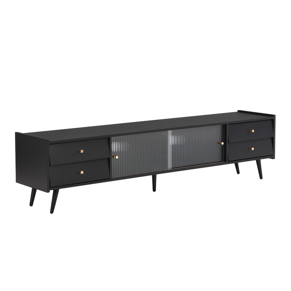 TV Stand with Sliding Fluted Glass Doors  Slanted Drawers Media Console for TVs Up to 70\