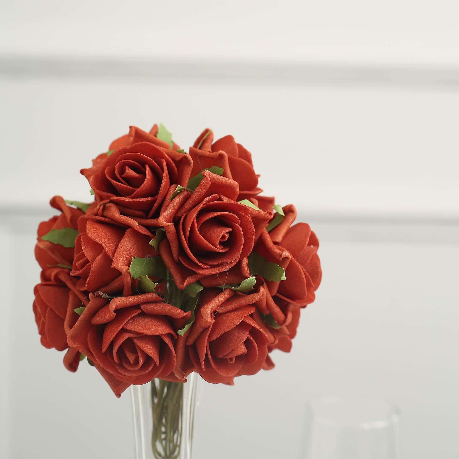 24 Roses Terracotta (Rust) Artificial Foam Flowers With Stem Wire and Leaves 2