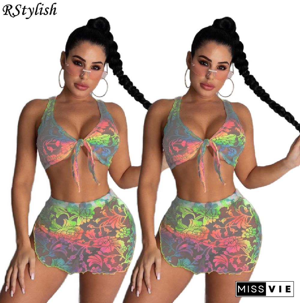 Mesh Print Sleeveless Bandage Crop Tops Mini Skirts 2 Piece Set