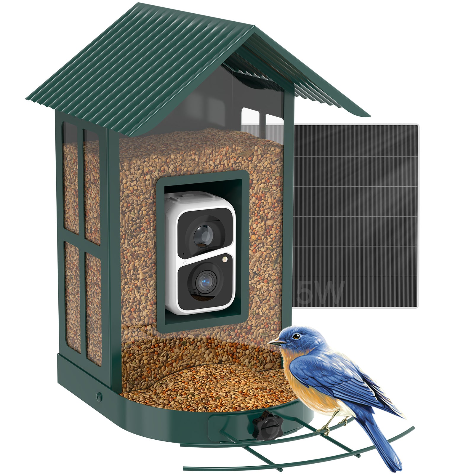 Soliom Smart Bird Feeder BF08 with Solar AI Identify Bird Species Camera for Wild Bird， Green