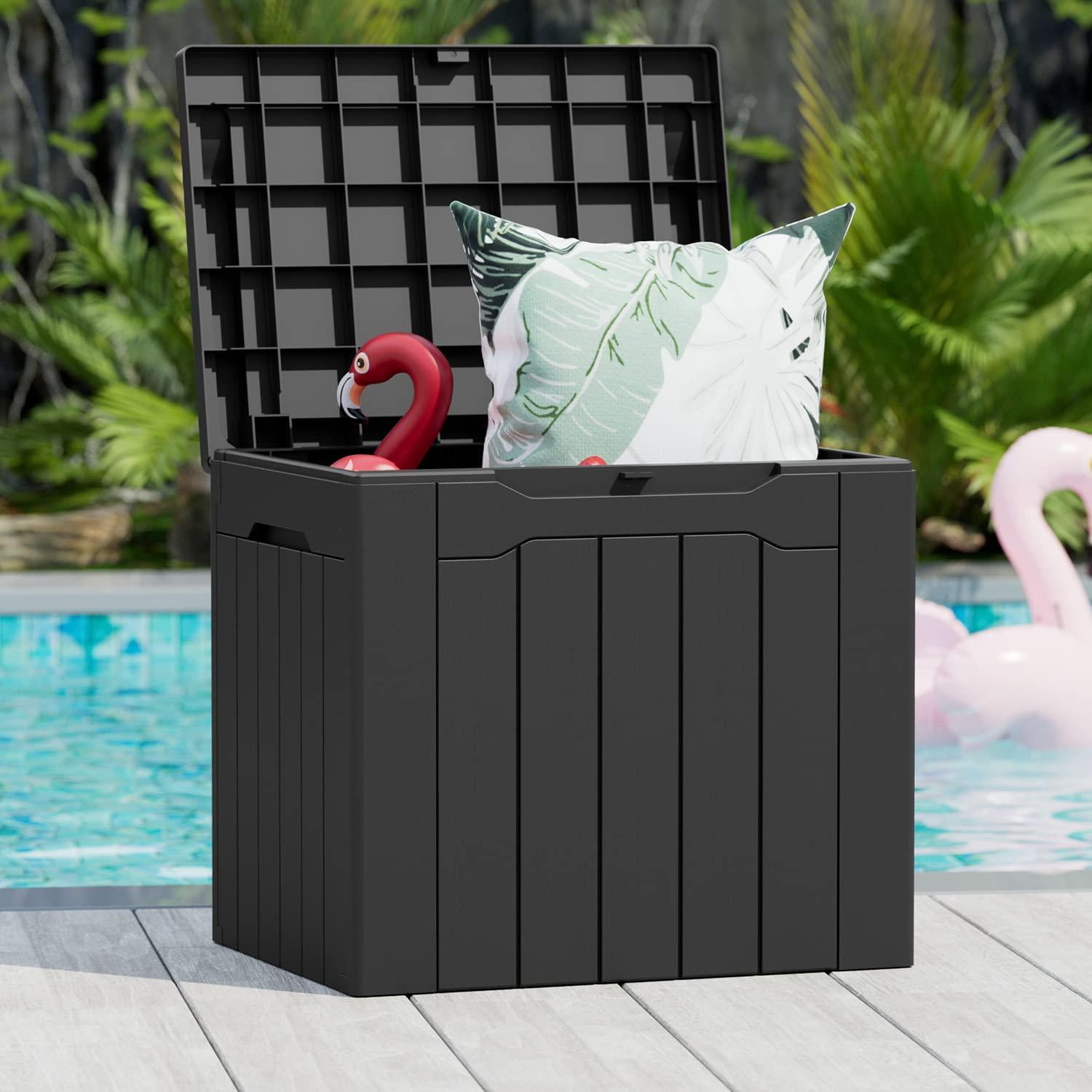 Greesum 31 Gallon Resin Deck Box Large Outdoor Storage for Patio Furniture, Garden Tools, Pool Supplies, Weatherproof and UV Resistant, Lockable, Dark Black