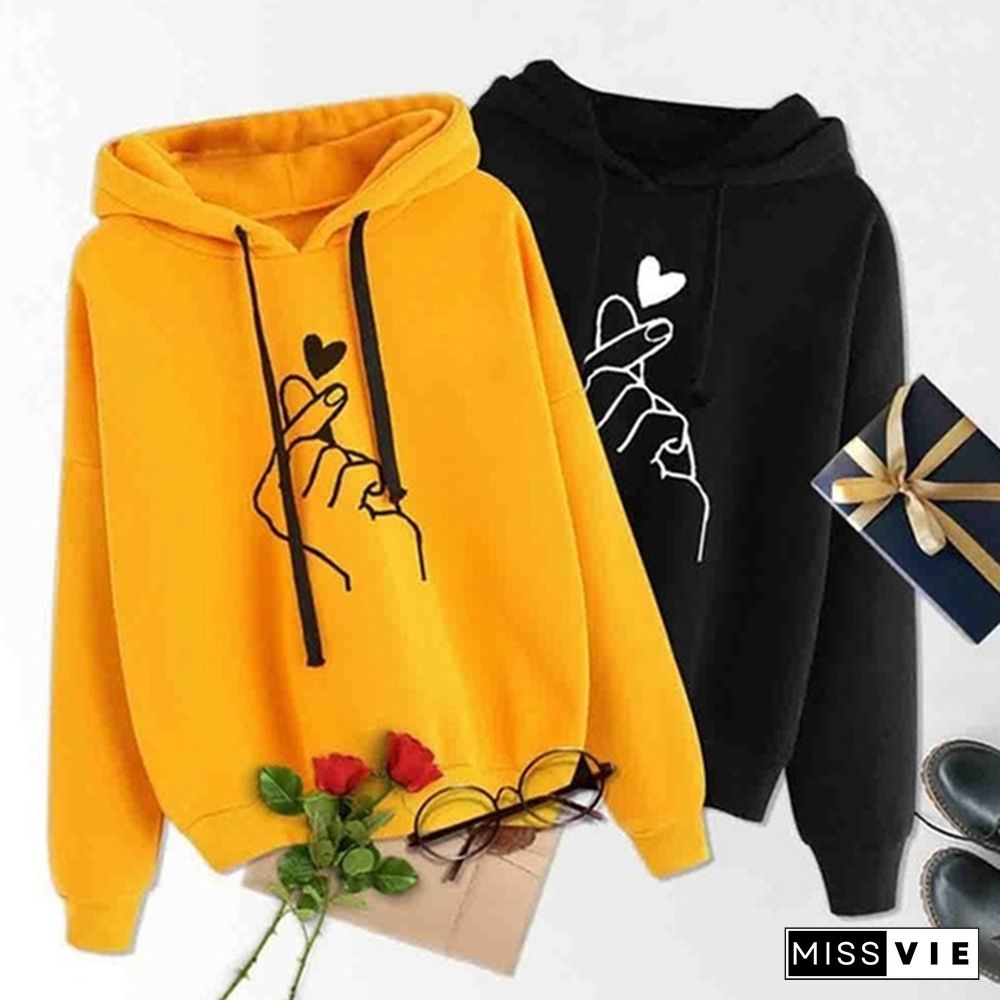 Women Hooded Sweater Casaul Printed Heart Long Sleeve Solid Color Hooded Finger Heart Hoodie Pullover Tops Hoodies Coat