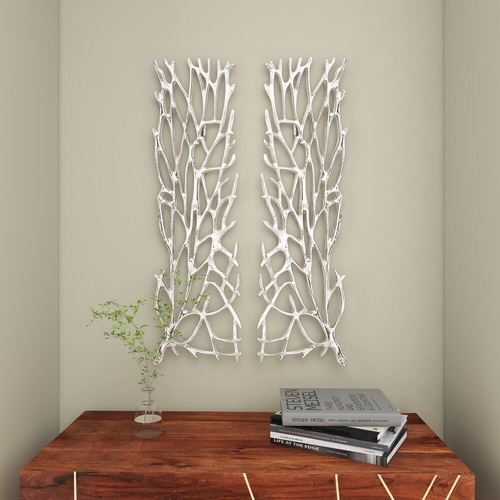 Contemporary Modern Metal Botanical Coral Wall Sculpture Silver or Gold   Set of 2