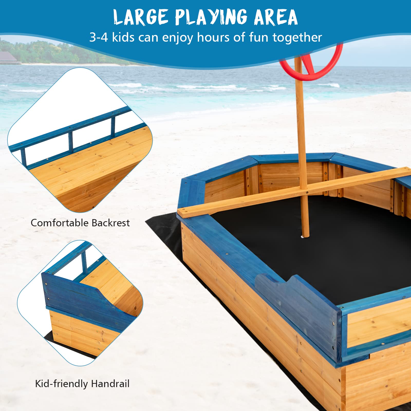 Costzon Pirate Boat Wood Sandbox for Kids, Wooden Pirate Sandpit w/Bench Seat