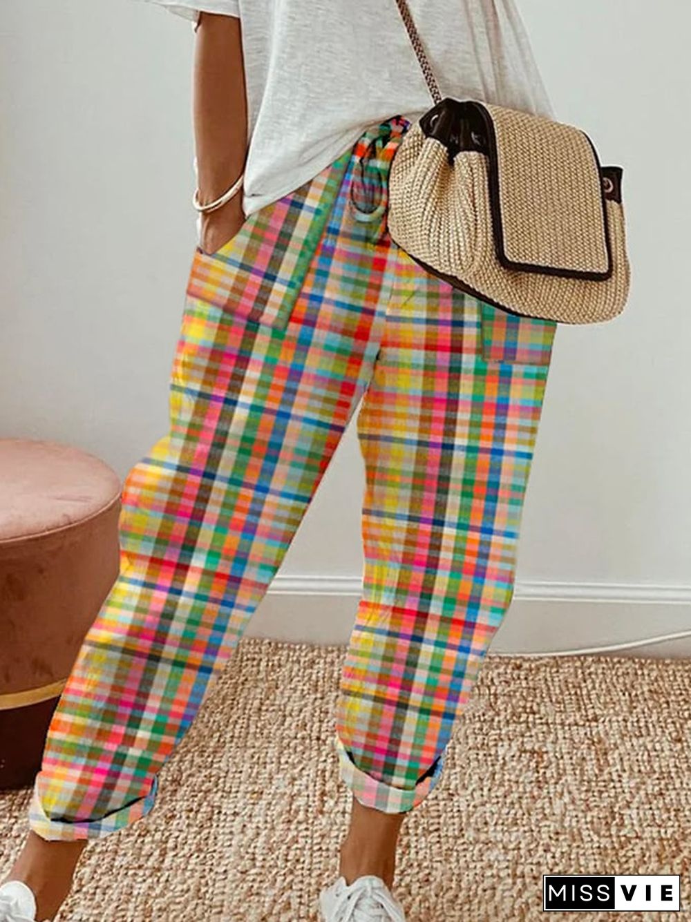 Vintage Check Print Double Patch Pocket Relaxed Pants