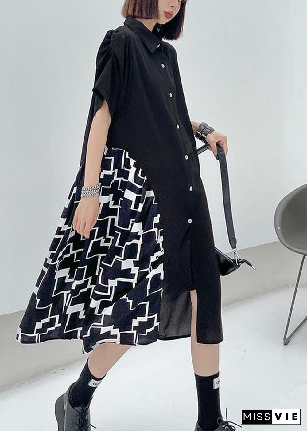 Chic Black Patchwork Print asymmetrical design Dress Summer