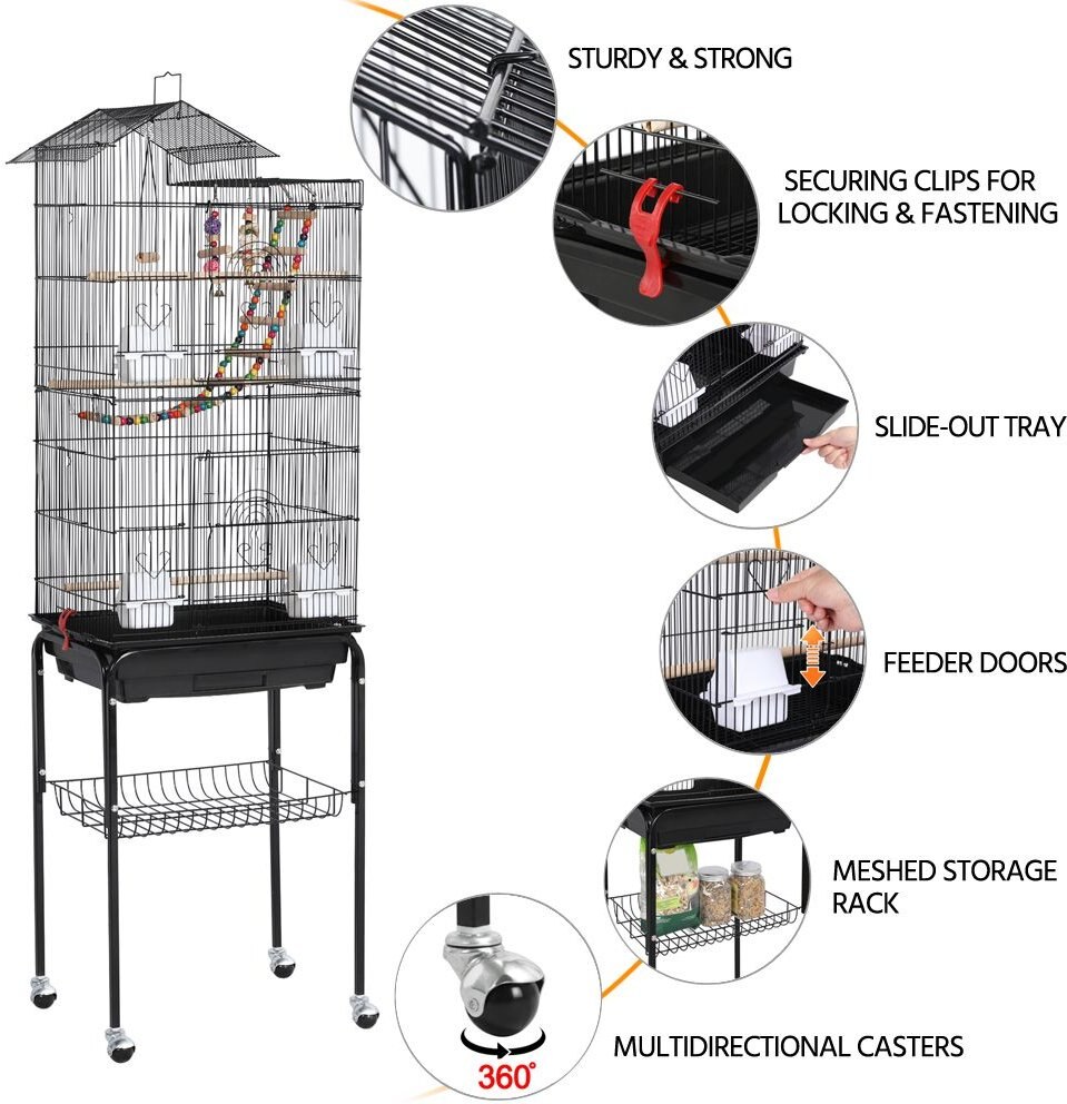 Yaheetech Rolling Metal Detachable Stand Bird Cage， Black