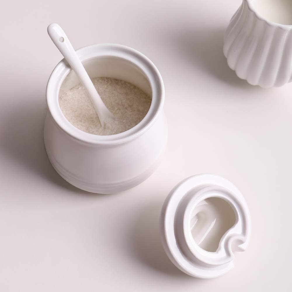 DOWAN Sugar Bowls， Sugar Packet Holders， Sugar bowl with Lid， Sugar Container with Spoon and Lid， Salt Bowl Salt Container， Sugar Holder for Coffee Bar， 12 Ounce， White