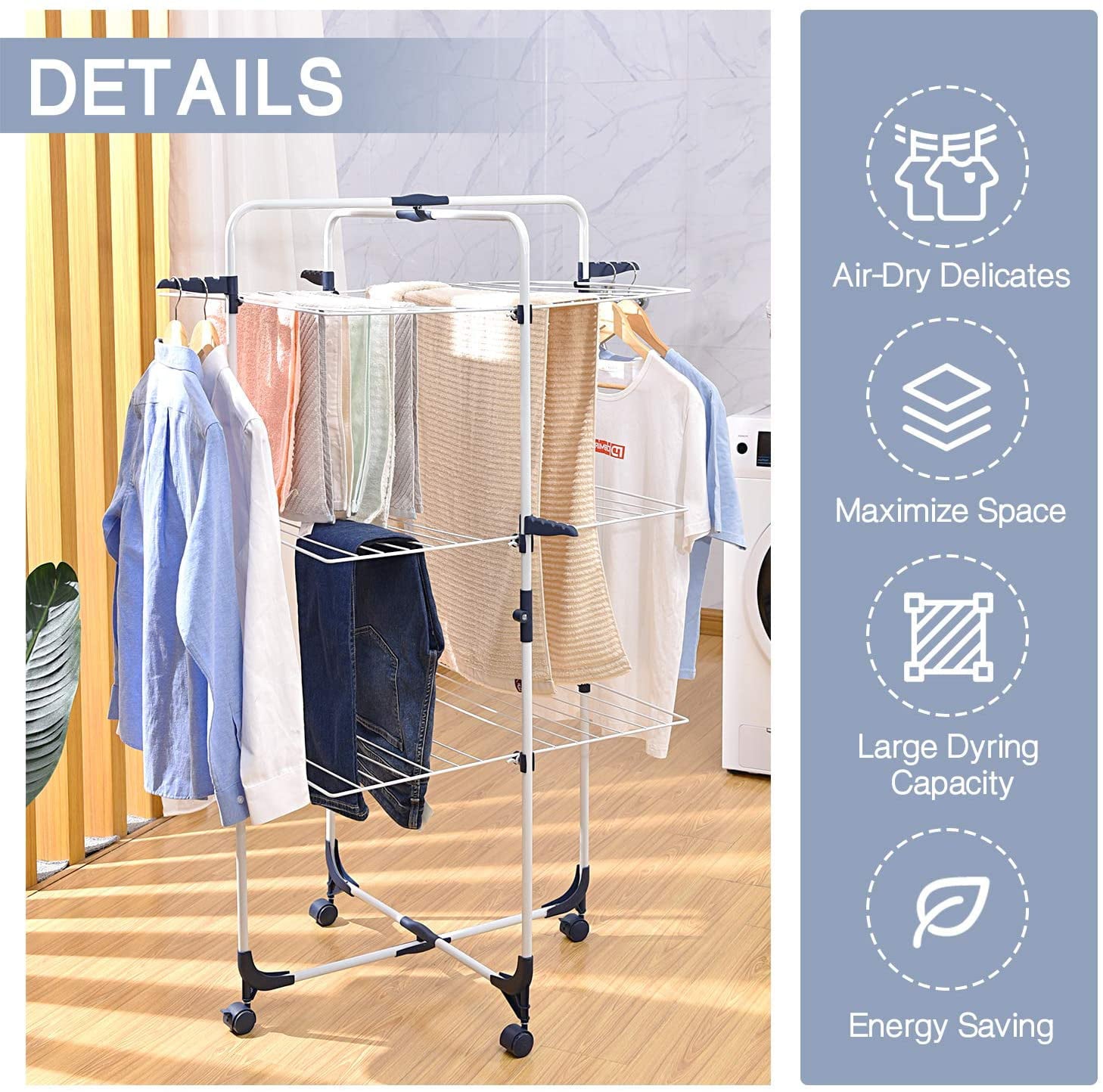 Kingrack Clothes Drying Rack, 3-Tier Folding Indoor Laundry Drying Rack with Wheels 4 Hooks, Metal, White