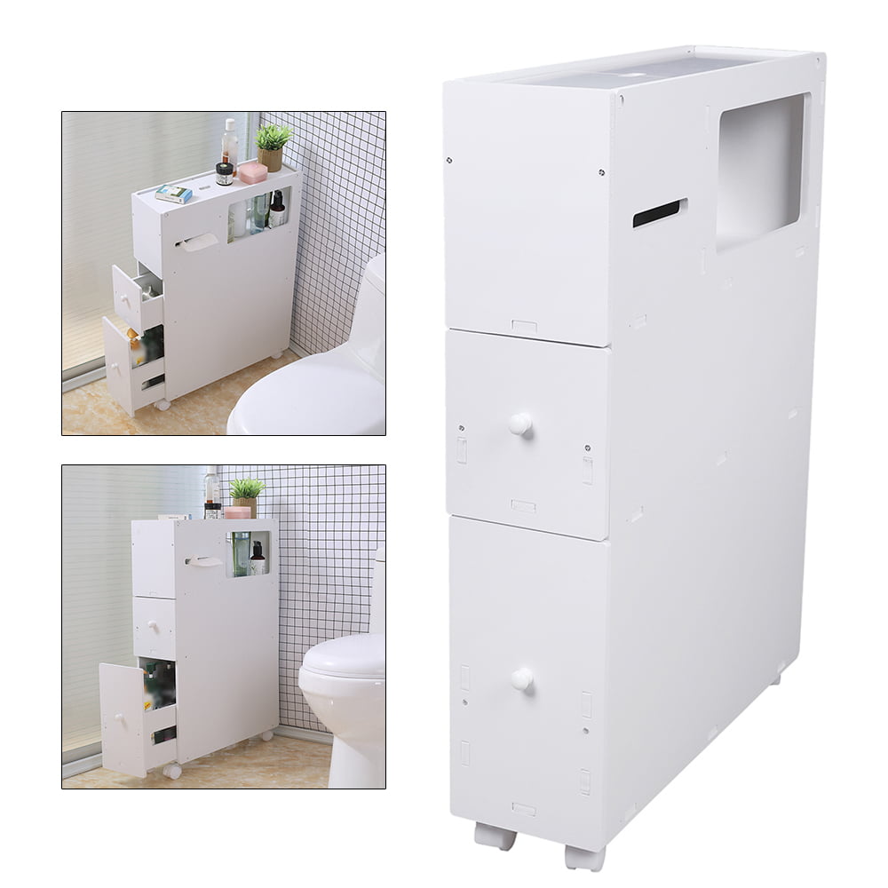 ANQIDI Toilet Side Cabinet, PVC White Low Cabinet Movable Narrow Cabinet Floor-To-Ceiling Bathroom Cabinet 20.5*6.4*29.5 In