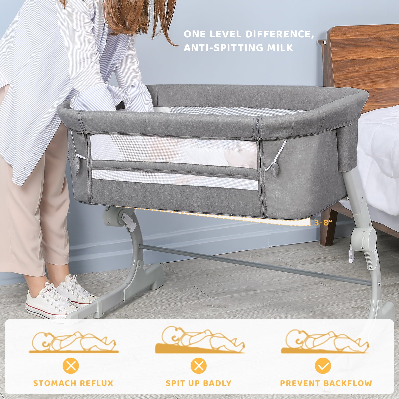 HEMBOR Unisex Baby Bassinet Adjustable Height Portable Baby Crib - Dark Gray