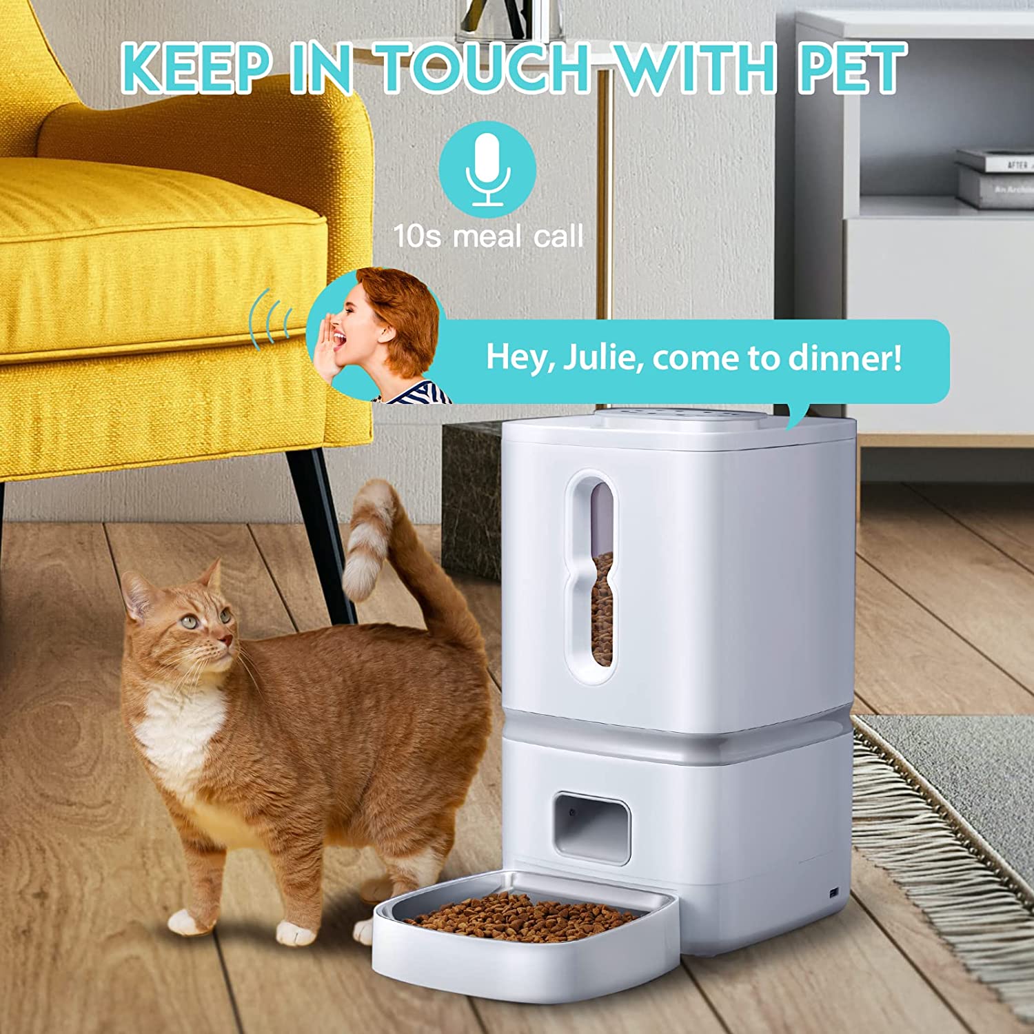 7L Automatic Cat Feeder， Auto Timed Pet Dry Food Dispenser with Programmable Portion Control 1-4 Meals per Day， Dual Power Supply， 10s Voice Reorder for Cats Dogs