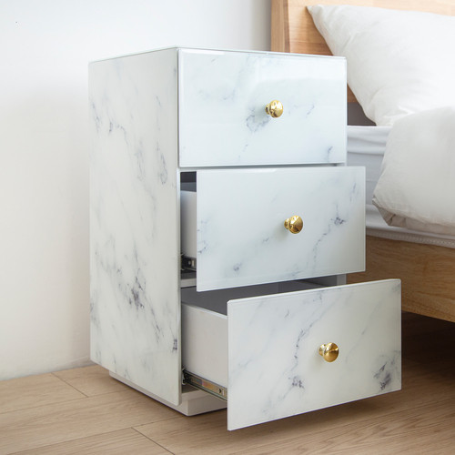 Glass Nightstand  Marble Nightstand with 3 Drawers...