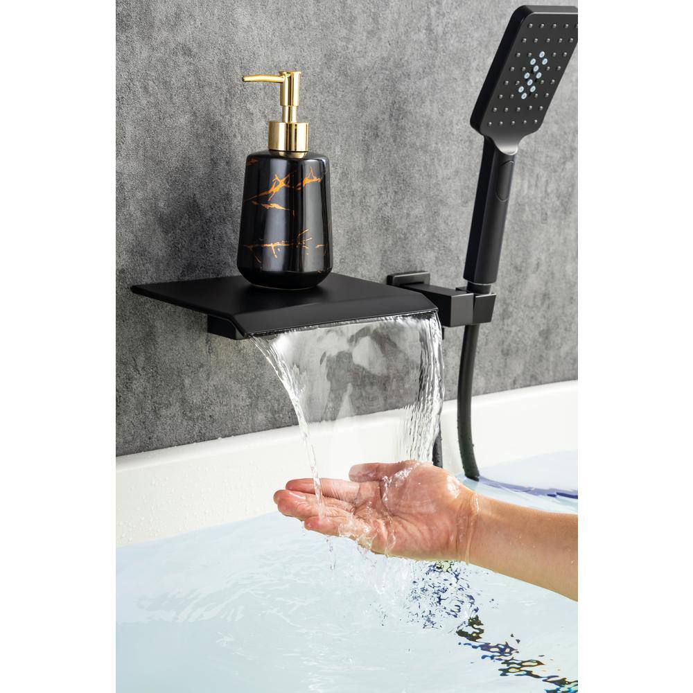 Tahanbath Single-Handle Waterfall Tub Faucet Wall Mount Roman Tub Filler with Hand Shower in Matte Black W1194-D97207H-KXC