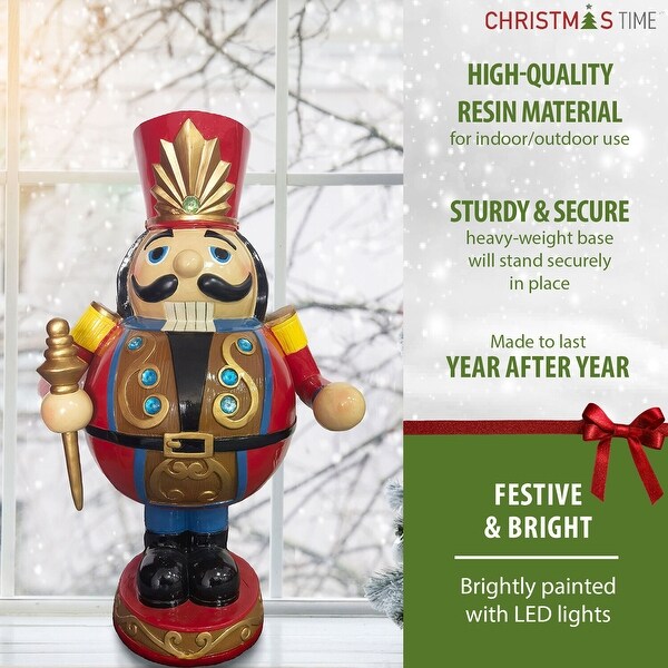 Christmas Time 3Ft. RolyPoly Nutcracker Toy Soldier，Resin Figurine w/ LED Lights，Christmas Decor，Red