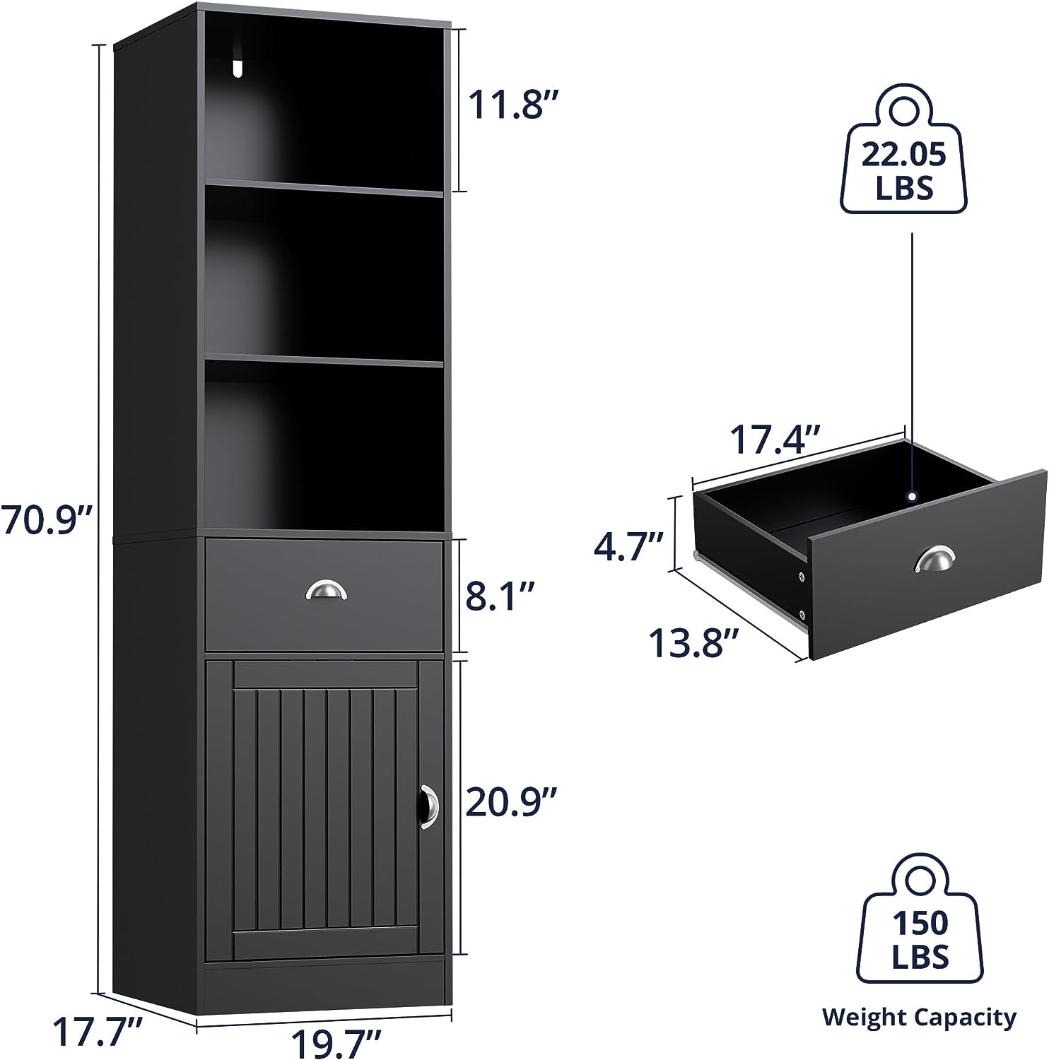 3-Tier Freestanding Tall Bookcase with Door and Drawer, Narrow Bookshelf Display Cabinet