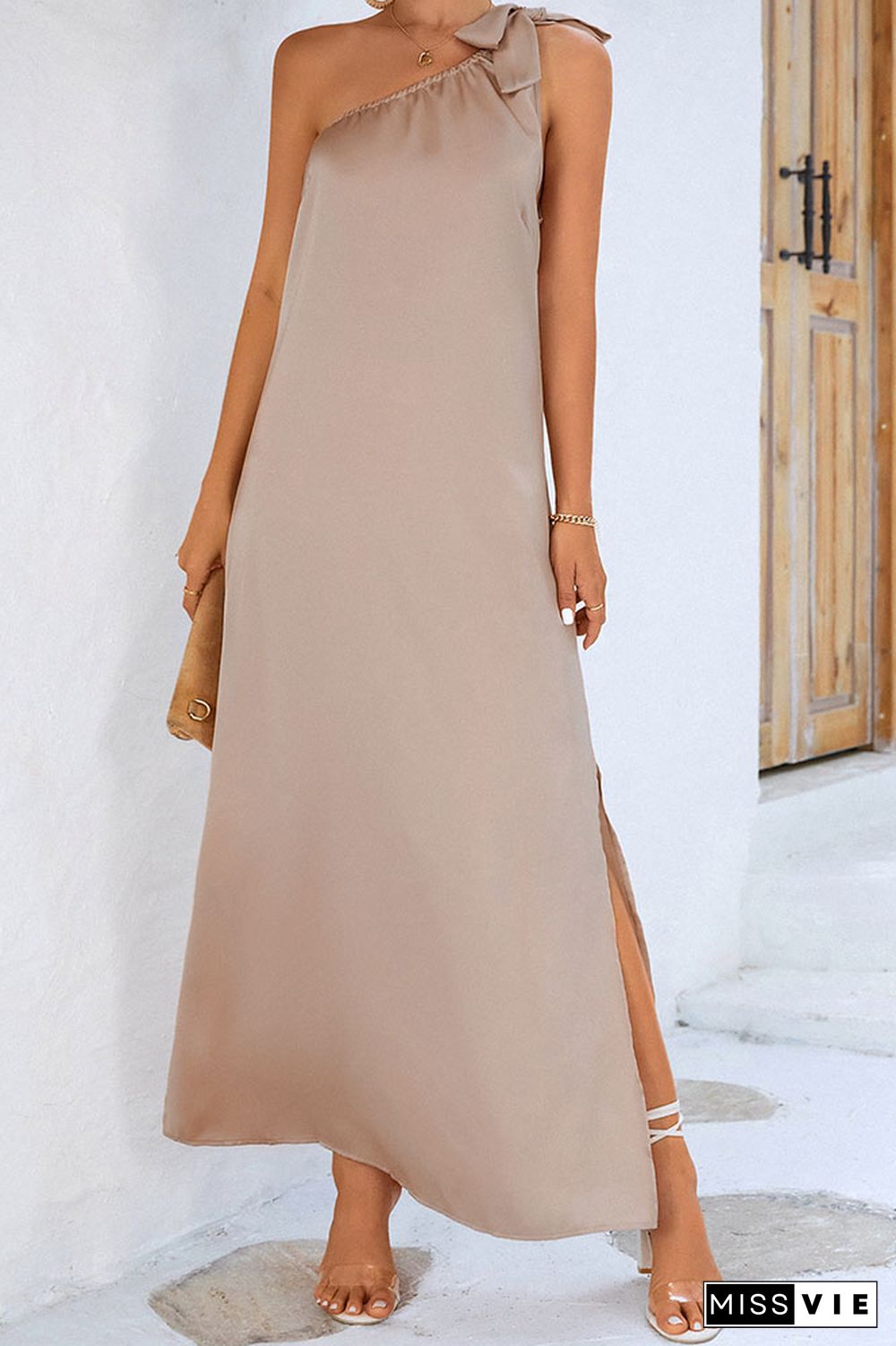 One Shoulder Tie Knot Split Maxi Dress