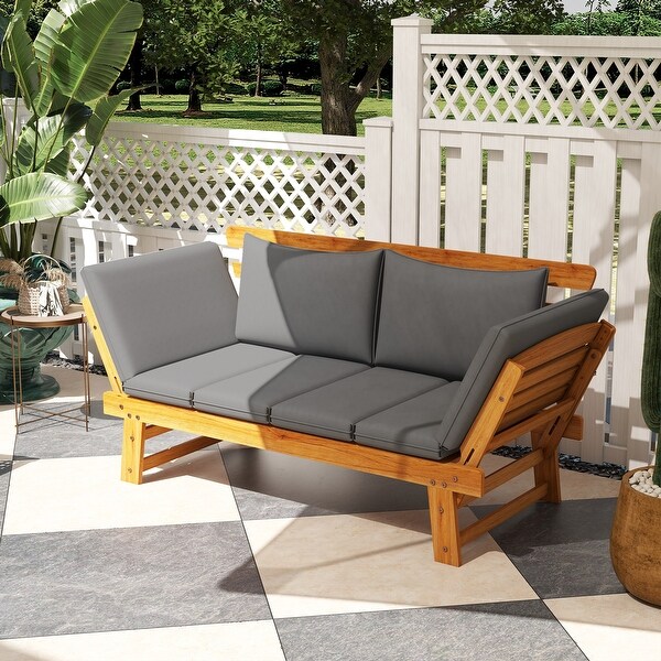 Outsunny Wooden Garden Bench for Outdoor with Cushions，Adjustable Armrests Front Porch Bench，Multifunctional Patio Loveseat