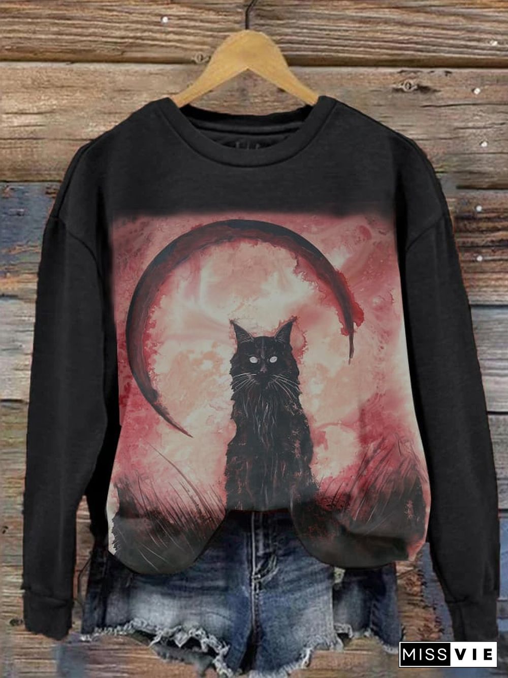 Halloween Vintage Cat Print Sweatshirt