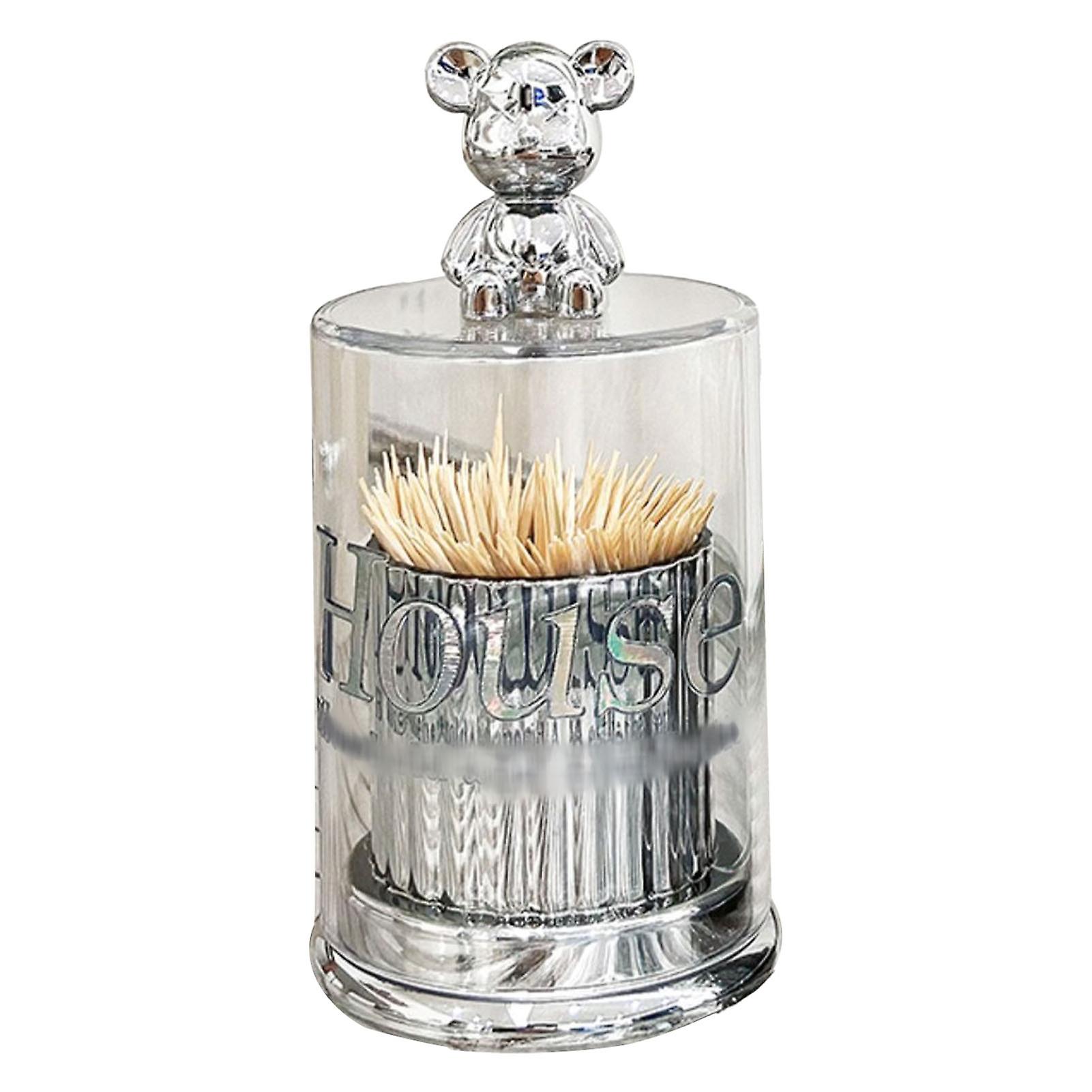 Cute Bear Toothpick Holder Crystal Clear Cotton Swab Container Storage Box Canister Jar with Lid Silver