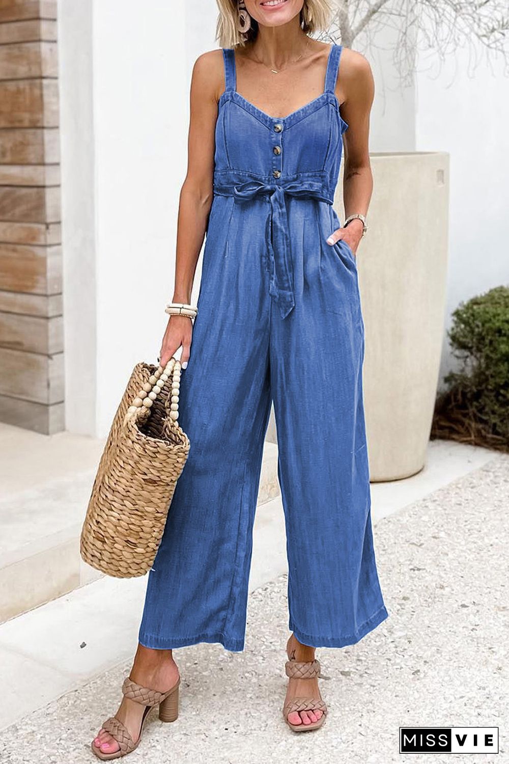 Sky Blue Buttoned Wide Leg Belted Chambray Strappy Jumpsuit