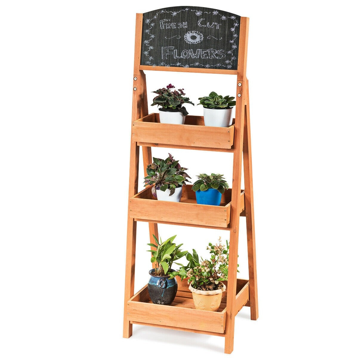 Freestanding Wooden Chalkboard Sign Plant Stand with 3-Tier Display Shelf