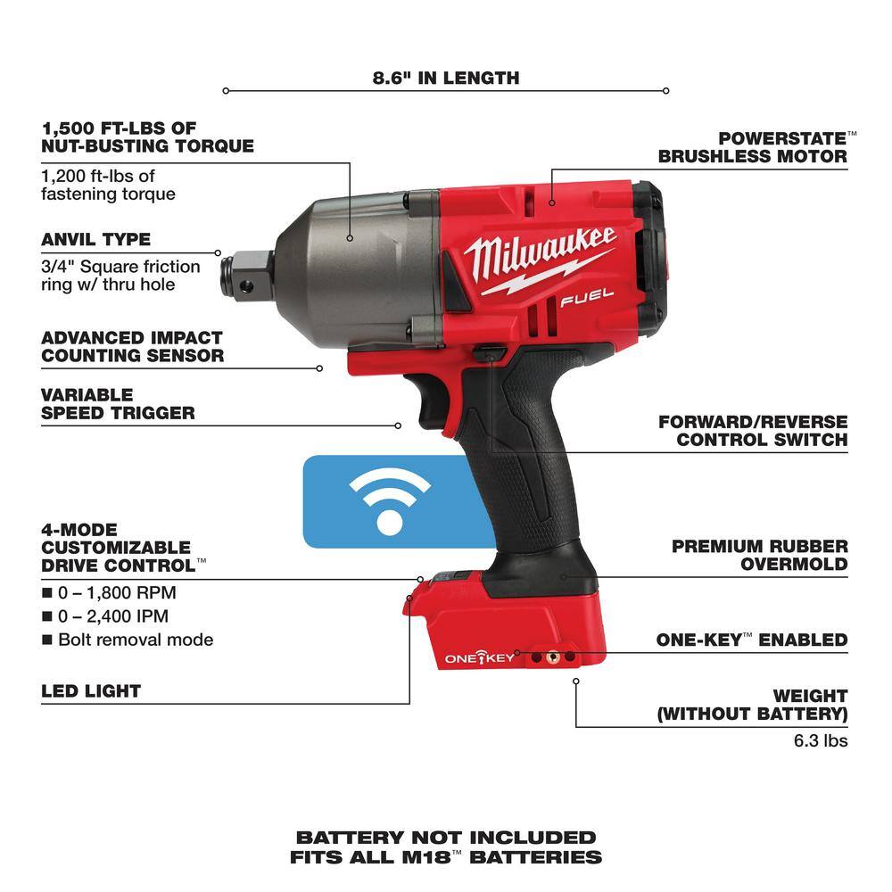 MW M18 FUEL ONE-KEY 18V Lithium-Ion Brushless Cordless 34 in. Impact Wrench with Friction Ring (Tool-Only) 2864-20