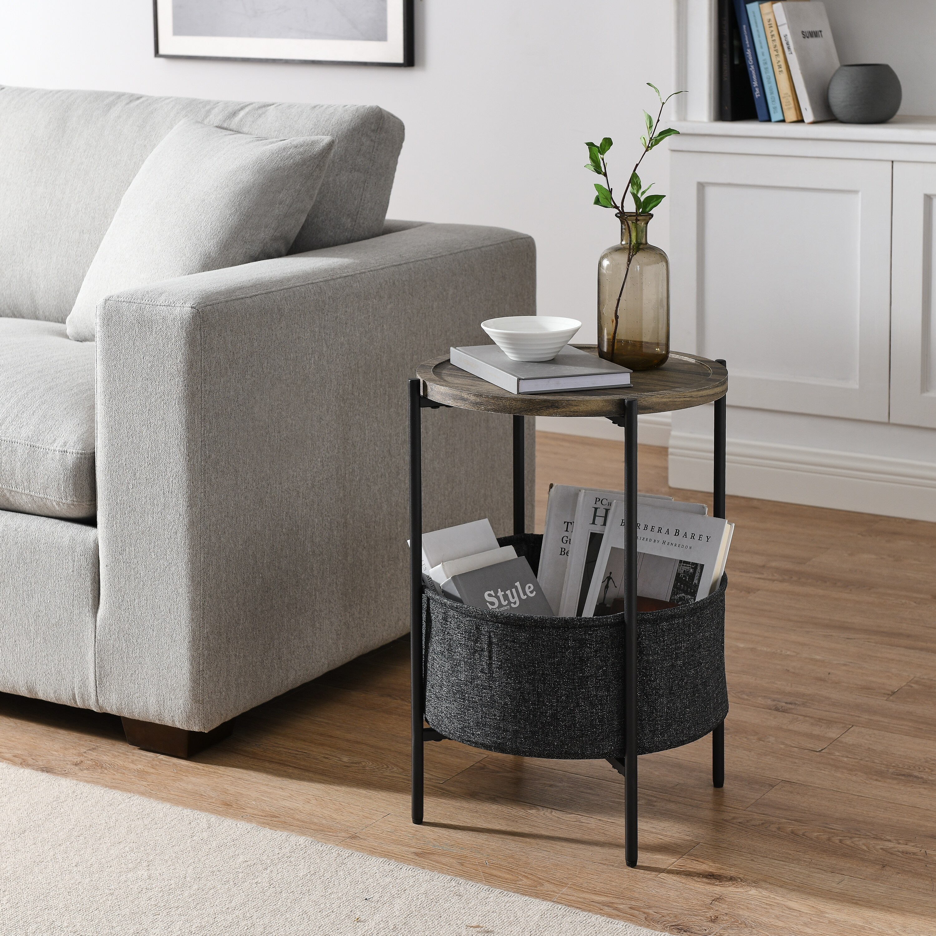 Modern Accent End Table with Storage Basket，Grey Cloth Bag and Brown Top （18