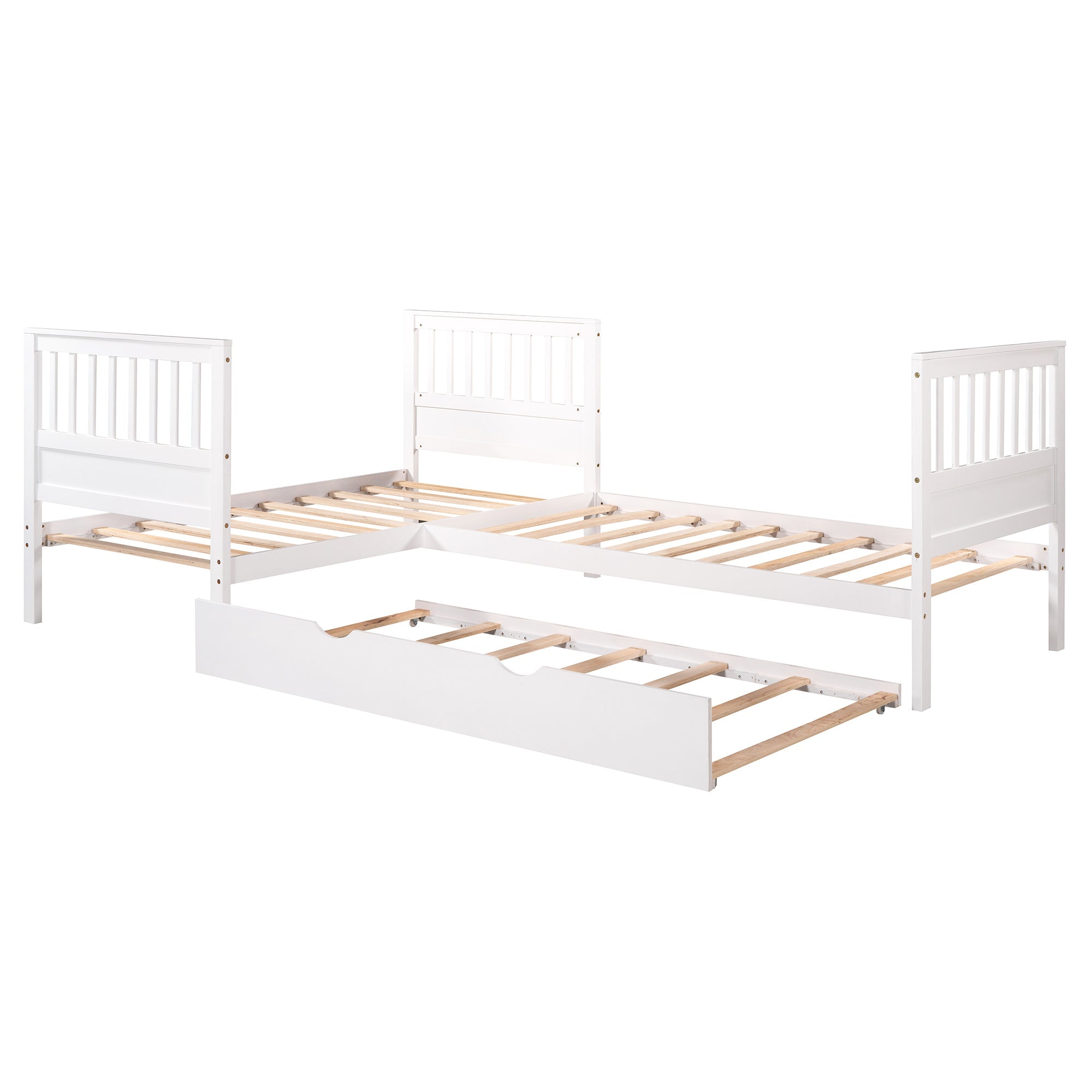 Wood Twin Size L-Shaped Platform Bed with Trundle for Kids Bedroom, White