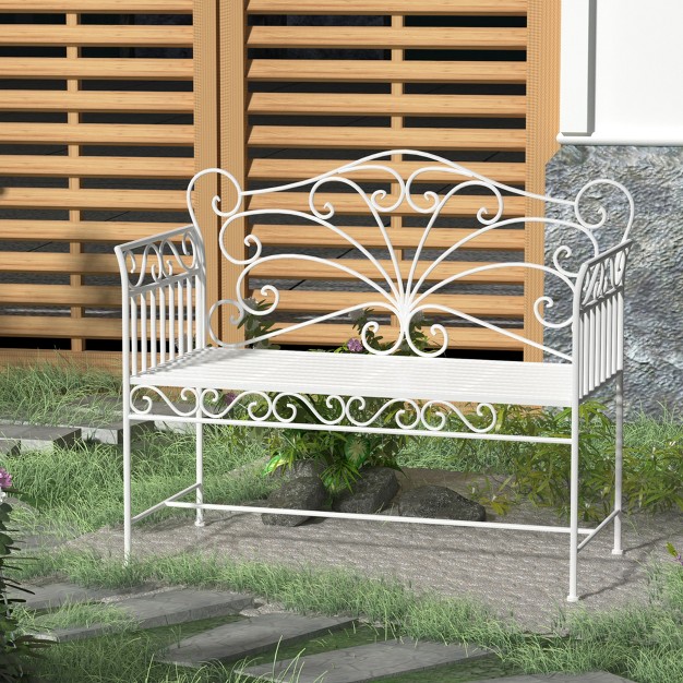 Antique style Outdoor Patio Garden Bench Metal Loveseat With Ivy Pattern On The Backrest Cream White