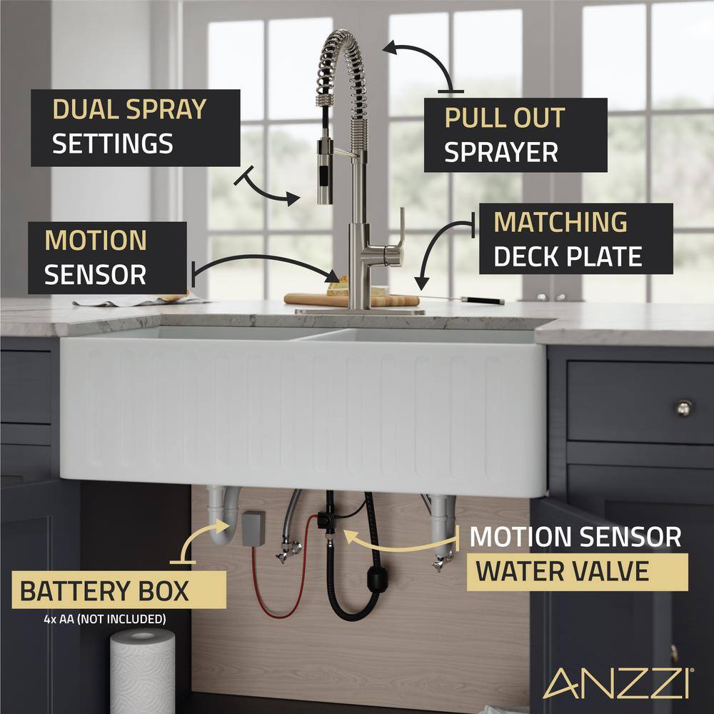 ANZZI Ola Hands Free Touchless 1-Handle Pull-Down Sprayer Kitchen Faucet with Motion Sense and Fan Sprayer in Brushed Nickel KF-AZ303BN