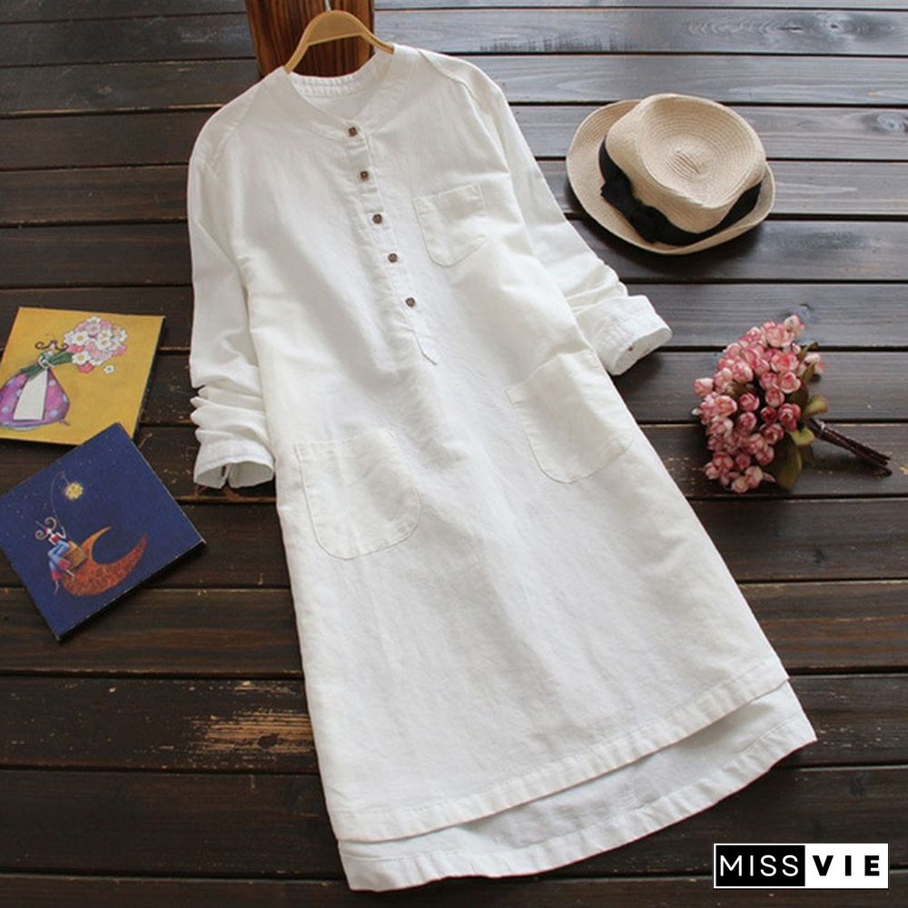 Women Long Sleeve Buttons Neck Long Shirt Dress Mini Dress Tops Mini Robe Plus