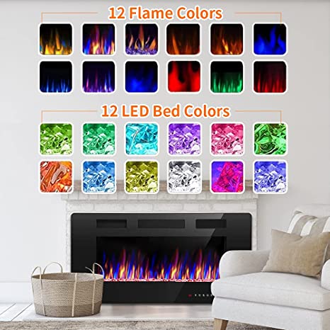 R.W.FLAME 50" Electric Fireplace in-Wall Recessed and Wall Mounted 1500W Fireplace Heater and Linear Fireplace with Timer/Multicolor Flames/Touch Screen/Remote Control (Black)