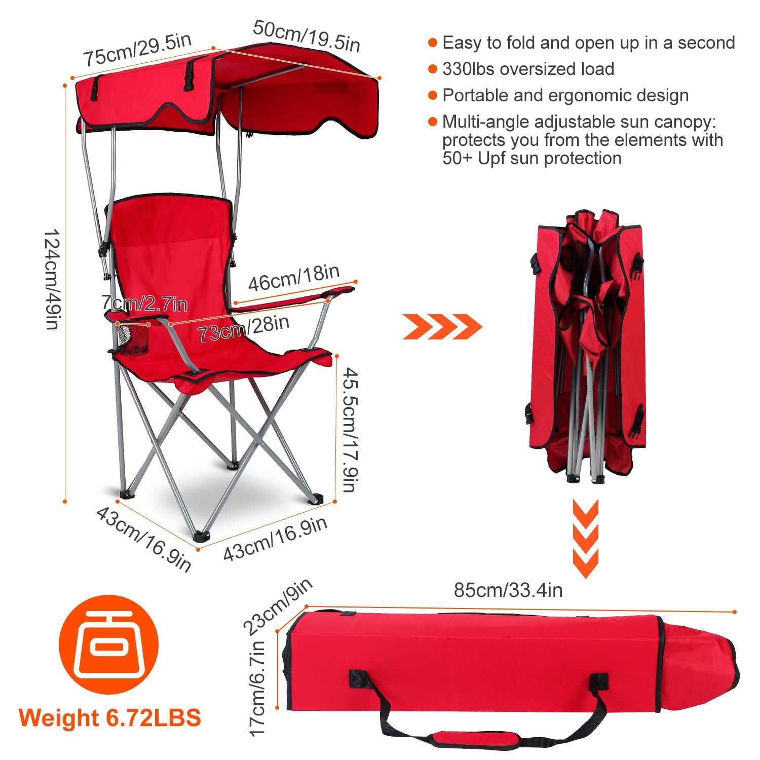 Beach Chair with Canopy Shade， iMountek Folding Canopy Camping Sports Chair， Red