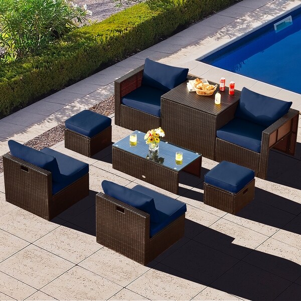 Gymax 8PCS Patio Rattan PE Wicker Conversation Set AllWeather