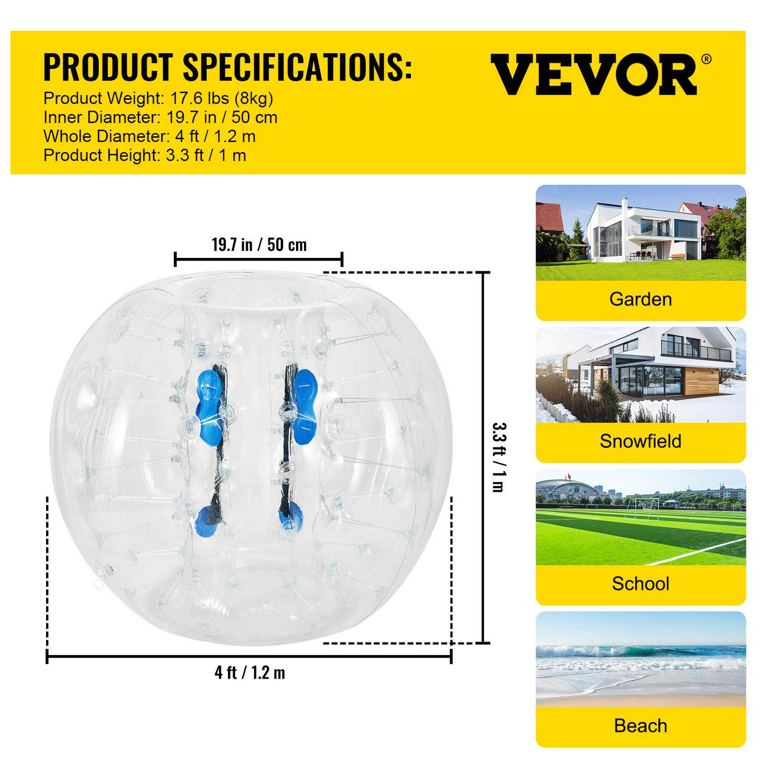 VEVOR Inflatable Bumper Balls 2 PCS ，Bumper Bubble Balls 4ft， Inflatable Bumper Ball with PVC Material ， Inflatable Body Zorb Ball for Adults and Teens Outdoor Activities