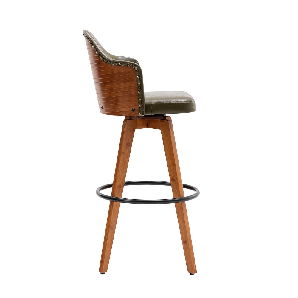 Porthos Home Idan Swivel Bar Stool  PU Leather Upholstery  Bamboo Legs