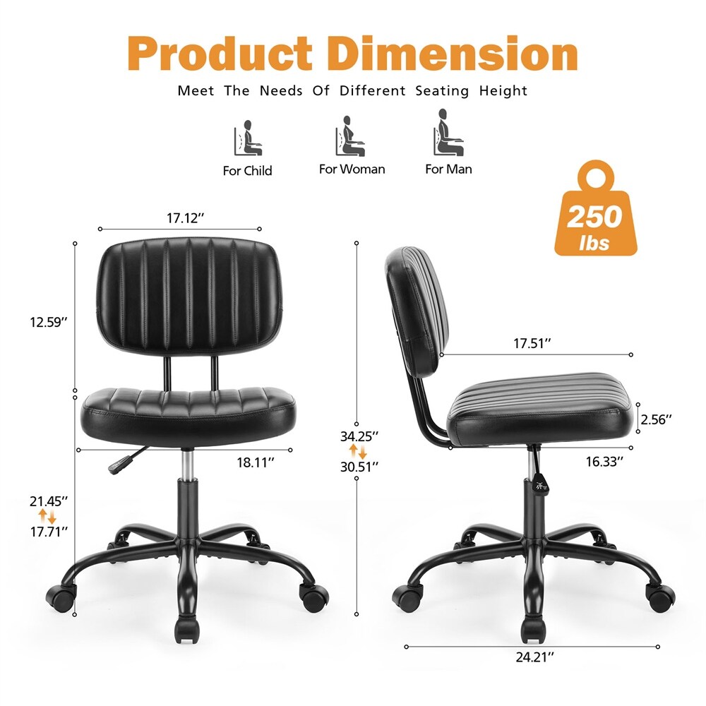 Height Adjustable Leather Low Back Home Office Chair with Wheels   N/A