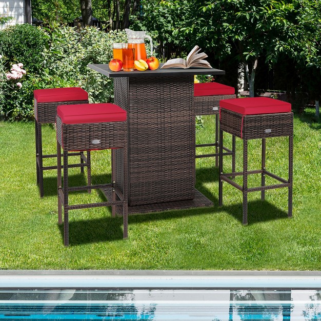 Tangkula Tangkula 5pcs Patio Bar Set Rattan Bar Furniture Set W Table amp 4 Cushioned Stools Red