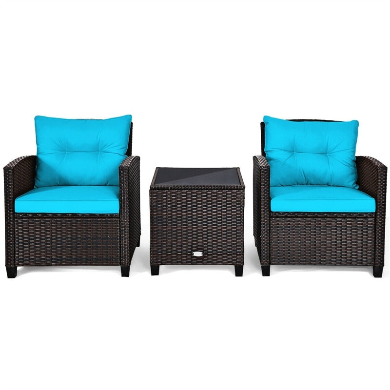 3 Pieces Patio Rattan Furniture Set Outdoor Wicker Conversation Set with Washable Cushion and Coffee Table