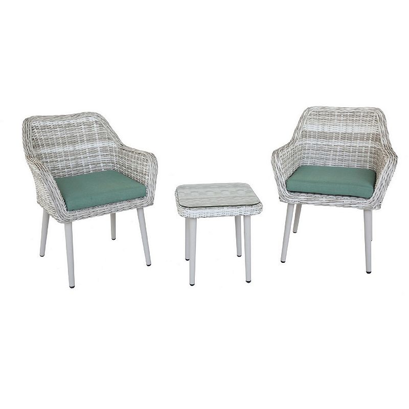 Resin Wicker and Metal Patio Bistro Set with Two Chairs and Table， Beige and Green， Set of Three