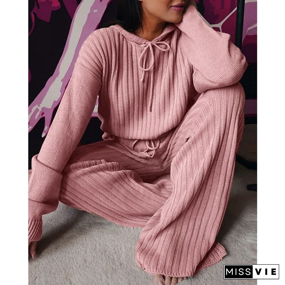 Women Two-piece Suit Spring Knitted Hooded Pajama Pants Suit For Women Long Sleeve Sleepwear Loose Lounge Wear Female Clothing