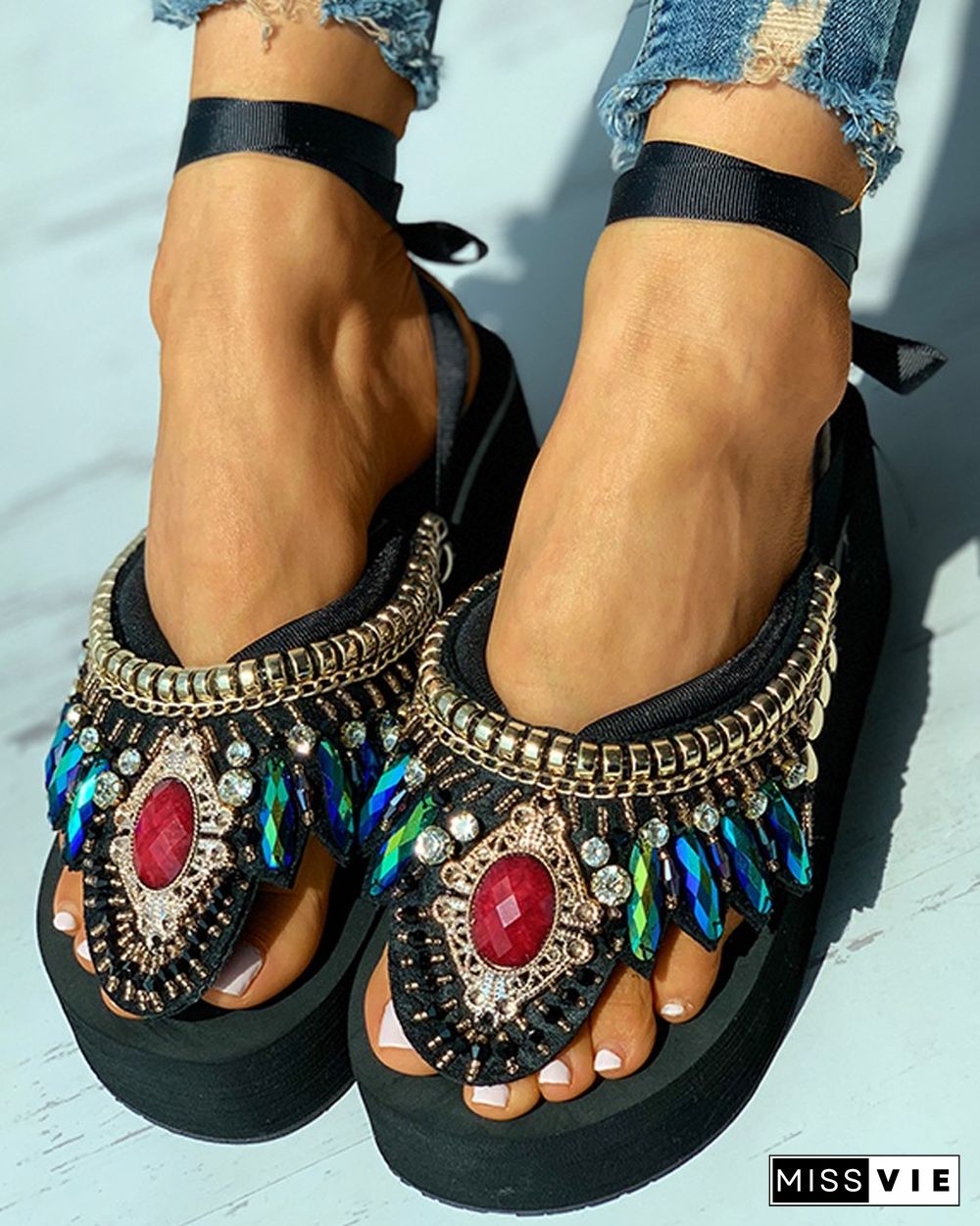 Studded Rhinestone Toe Post Wedge Sandals