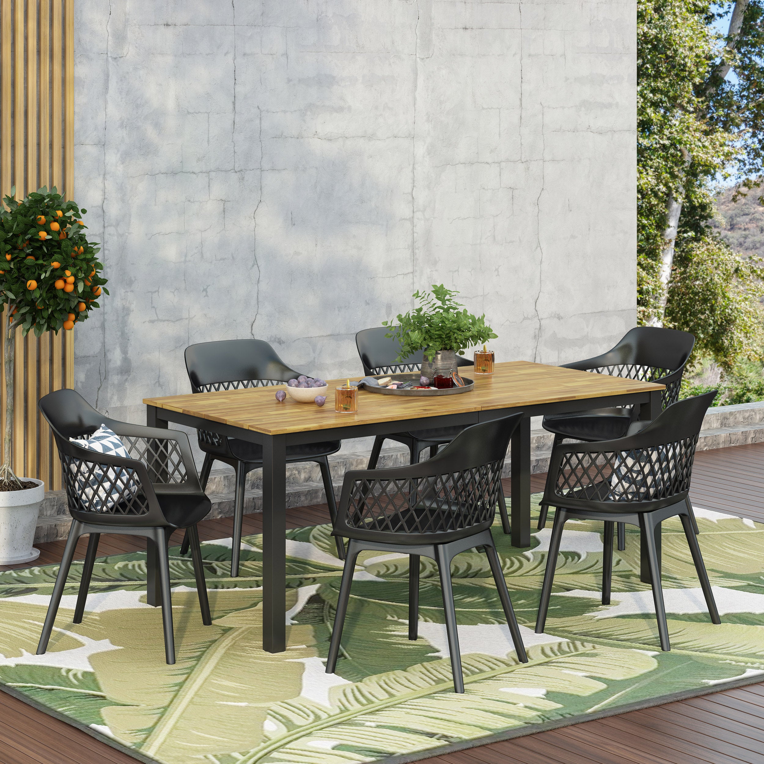 Tokota Outdoor Wood and Resin 7 Piece Dining Set, Black and Teak