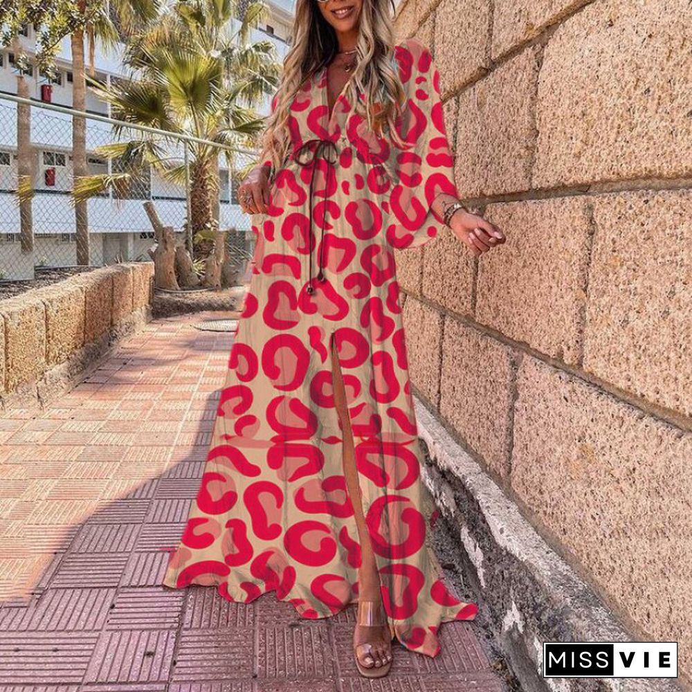 Commuter High Waist Red Fashion Print Beach Casual Dress