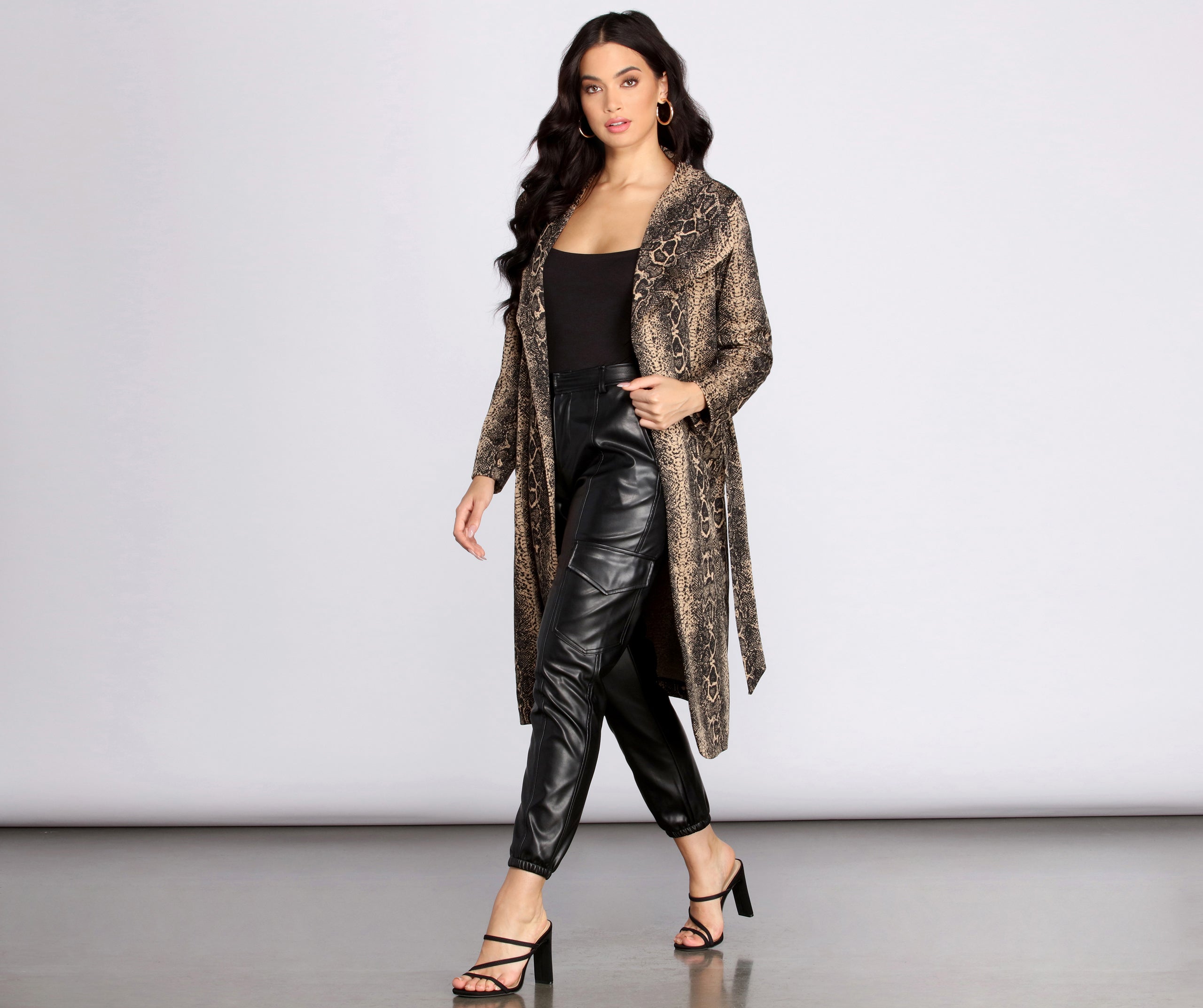 Snake Print Drape Front Long Coat