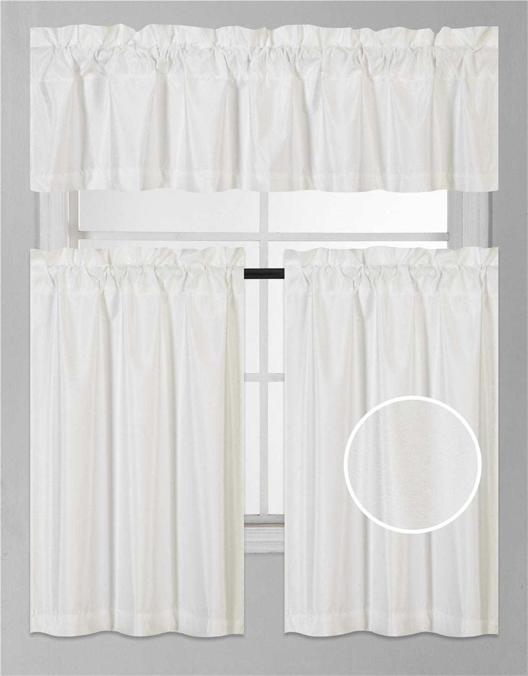 IVORY 3PC KITCHEN NURSERY SOLID COLOR CURTAIN VALANCE SIZE : 60 WIDE X 14 LONG2 TIERS PANELS SIZE : 30 WIDE X 36 LONG (EACH TIER)