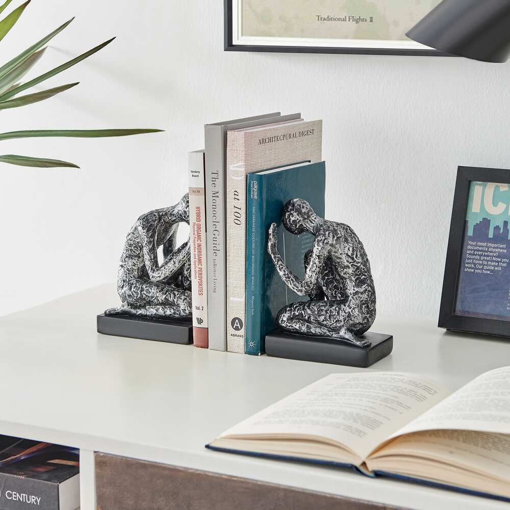 Danya B. Kneeling Figure Sculptures Polyresin Silver and Black Finish Bookend Set of 2