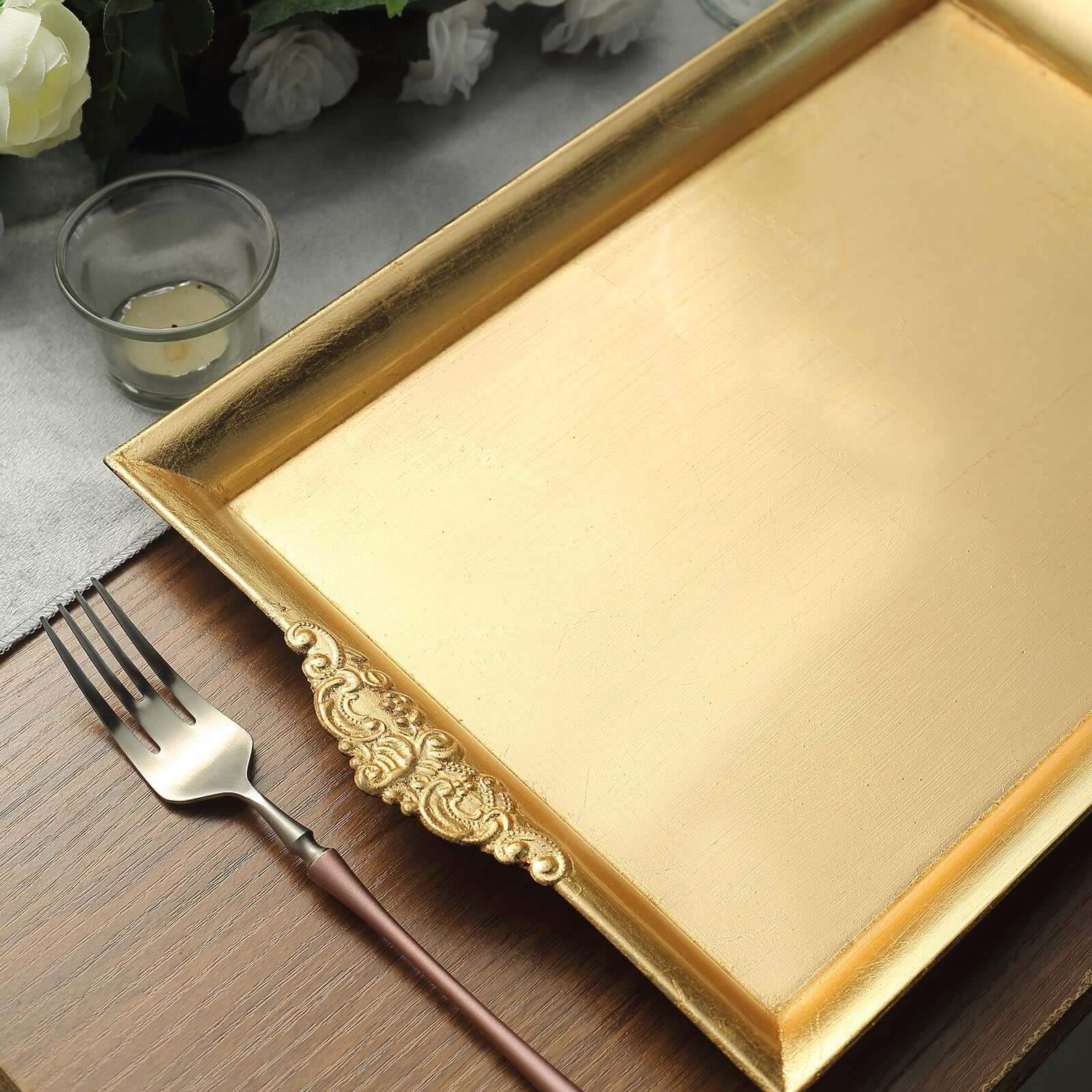 2 Pack Gold Rectangle Decorative Acrylic Serving Trays With Embossed Rims 14